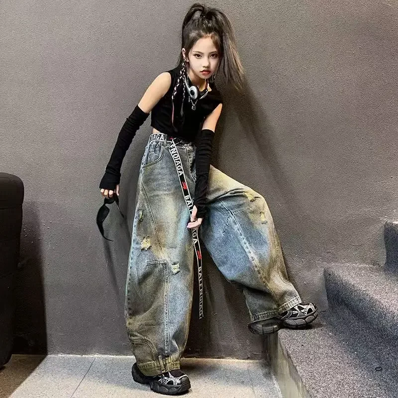Girls' Jazz Dance Personality Set 2026 Autumn Clothing New Street Dance Belly Button Hoodie Top + Dirty Jeans Set
