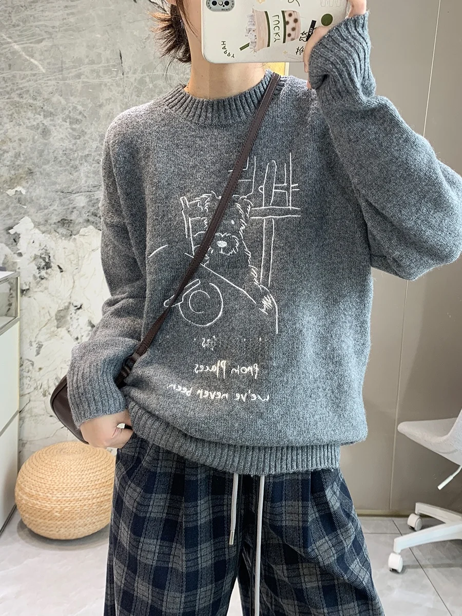 

Теплая шерстяная толстовка с вышивкой из мультфильма, женская осенне-зимняя толстовка в Корейском стиле, ленивый вязаный топ