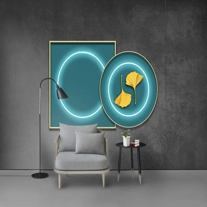 Square And Circular Geometric New Chinese-Style Zen-Themed Blue Apricot Leaf Library Exhibition Hall Corridor Decoration Mural