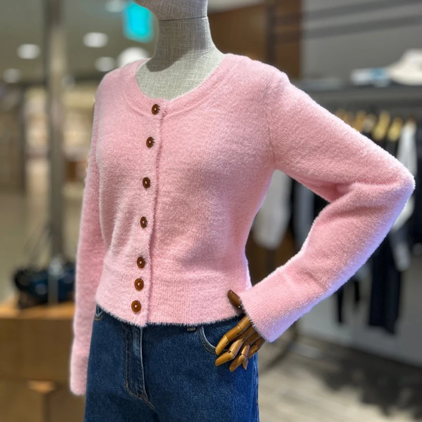 

Ladies Furry Feel round Ne Long Sve Knitted Open Cardigan Street Sle Winter Collection Color Regular Fit