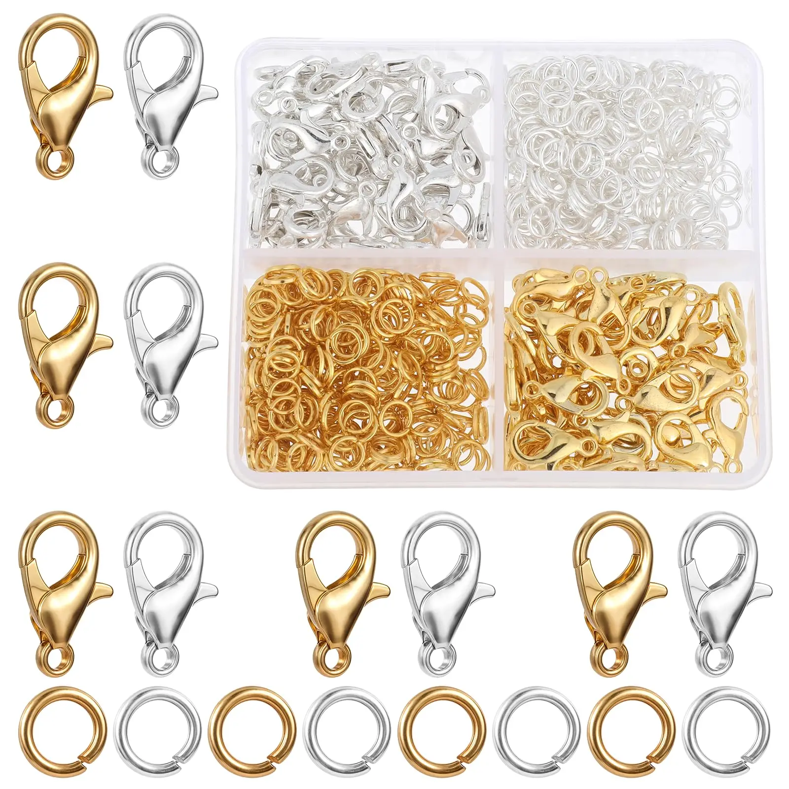 500 Pcs Lobster Claw Clasps and Open Jump Rings Set, Jewelry Clasps and Closures, 2 Colors Lobster Claw Clasps with Jump Rings