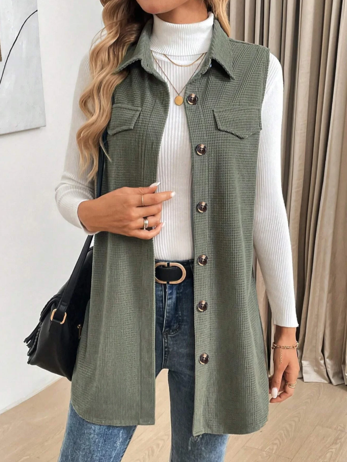 เสื้อกั๊กยาวถักลายวาฟเฟิลลำลองสำหรับผู้หญิง เสื้อแจ็คเก็ตแบบไม่มีแขนติดกระดุมพร้อมกระเป๋า เสื้อคลุมคอปกแบบมีปกสำหรับใส่เป็นชั้นใน