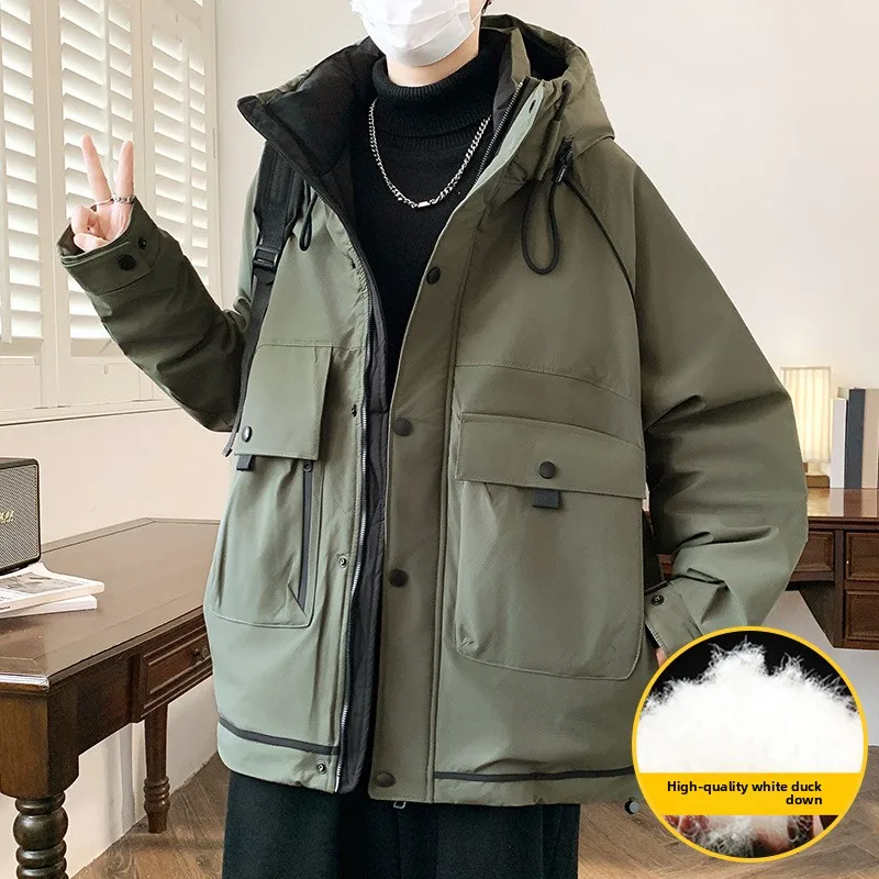 American Men's Workwear Down Jacket  Men Winter Thickened White Duck Down Jacket  Men Short Loose Solid Color Hooded Windbreaker