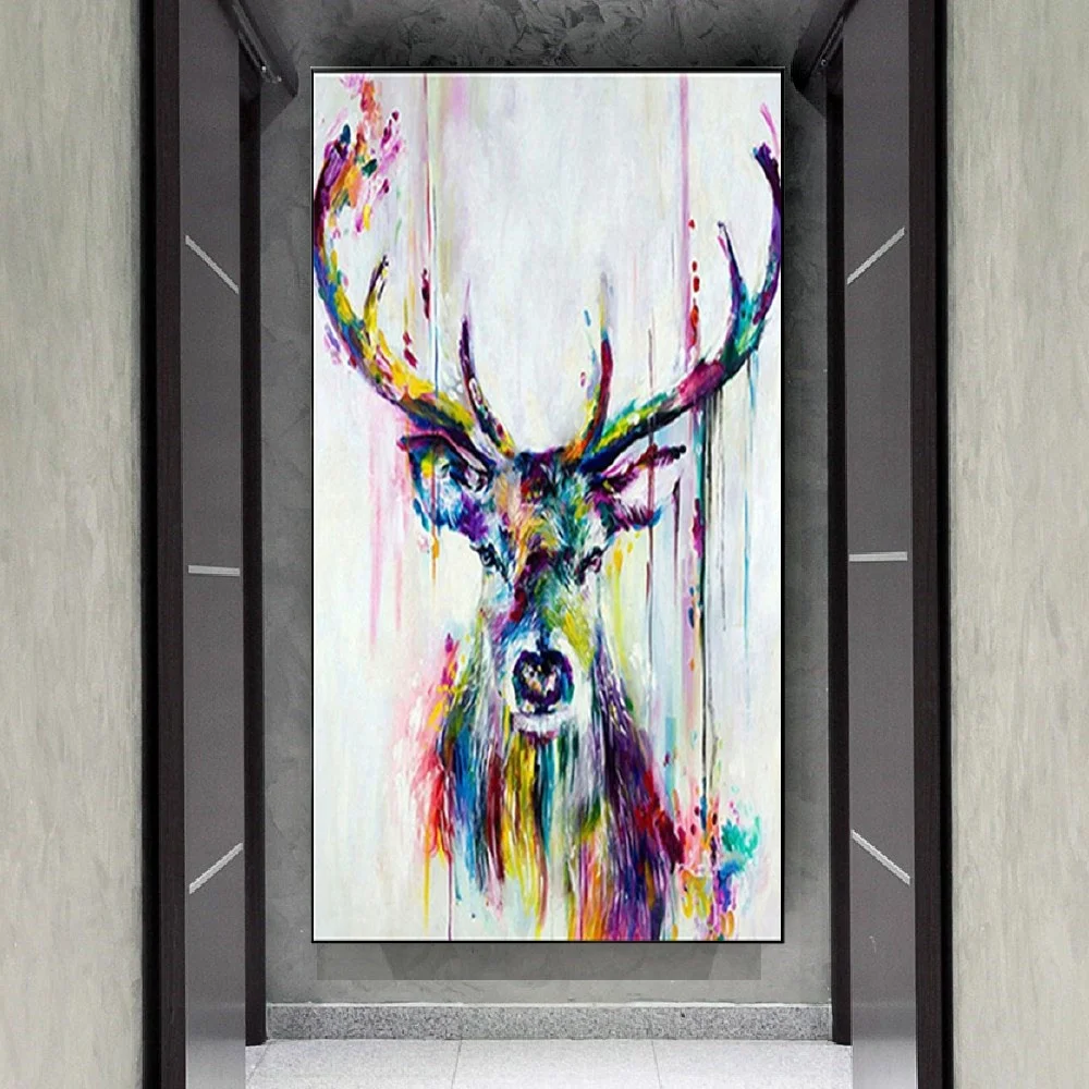 

Modern Children's Room Decor Mural Nordic Style Deer Oil Painting Handmade Animal Canvas Picture Wall Art Artwork Live Poster