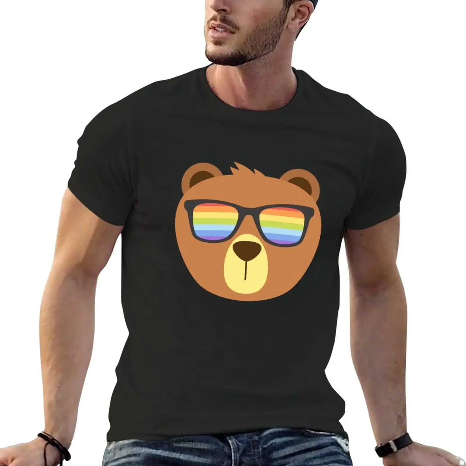 Gay Bear Wearing Bear Pride Lgbtq Flag Sunglasses T-Shirt tops plus size clothes man t shirt heavy weight t shirts for men