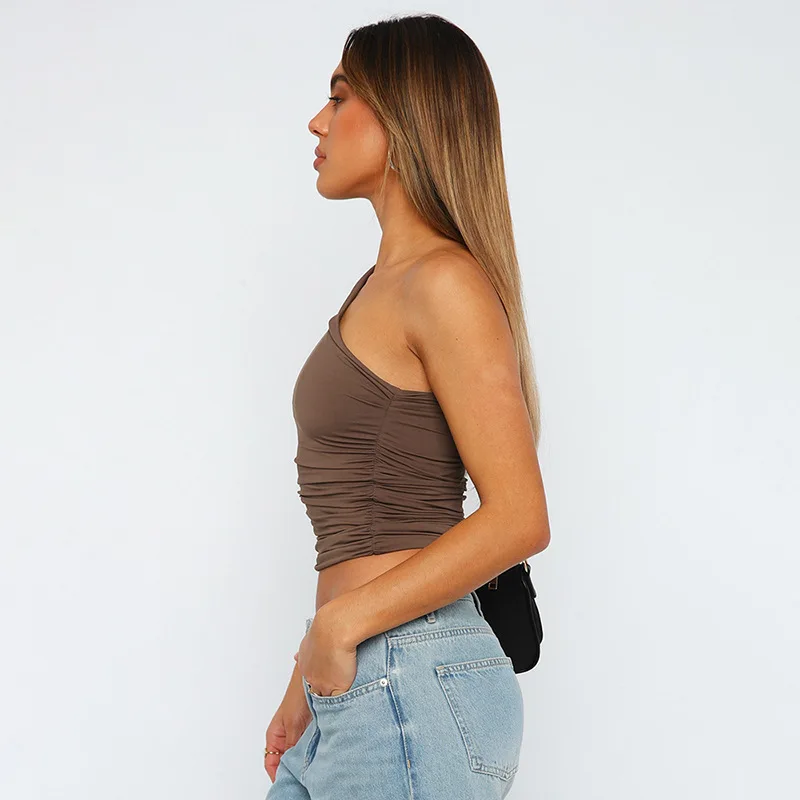 Einfarbig eine Schulter rücken frei schrumpfen Tank Top T-Shirt Süßigkeiten Farbe eng sexy ärmellose Hals ohne schlanke Casaul Top – Detail 19