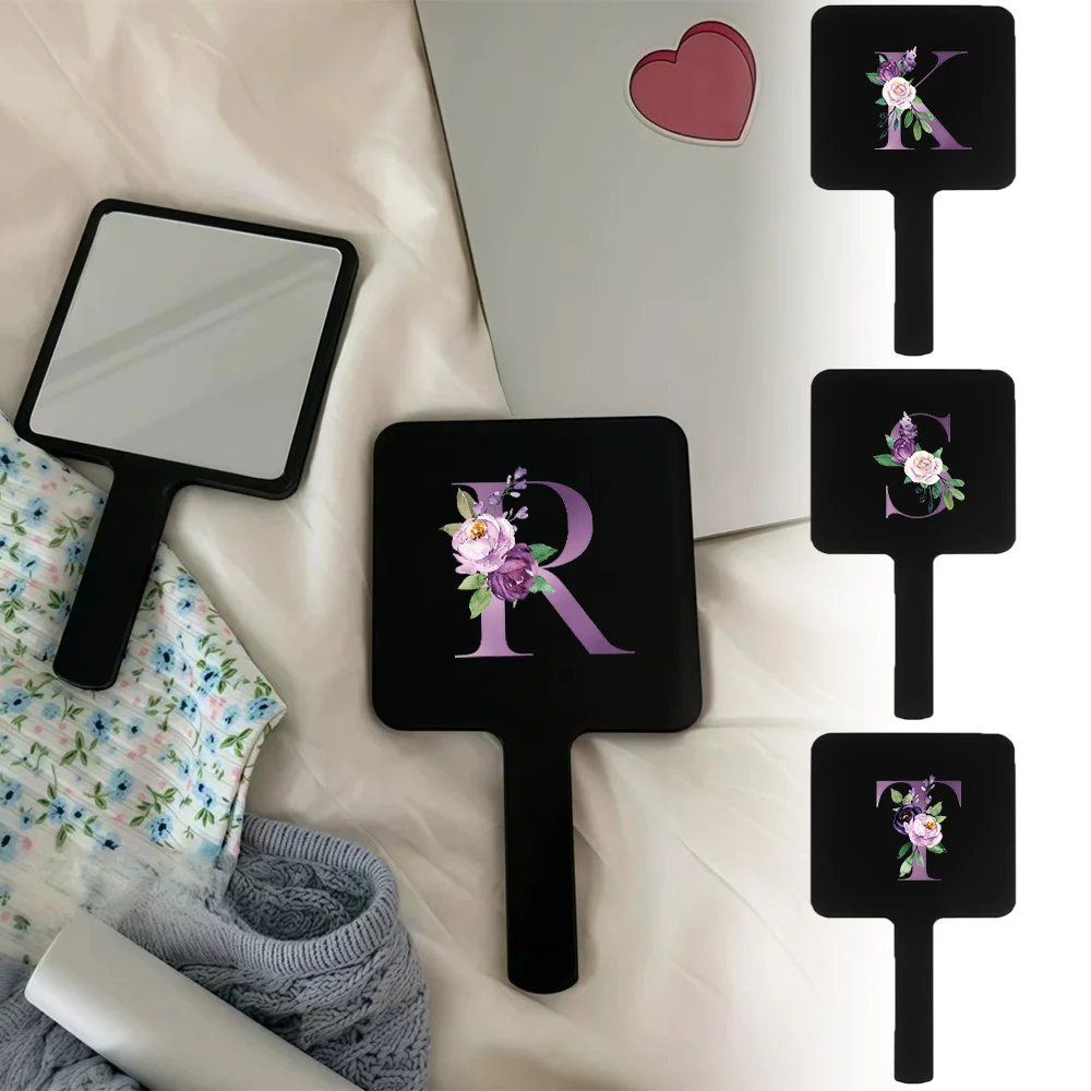 Square Handheld Cosmetic Mirror Creative Printing Make Up Mirror Travel Essentials Initial Name Purple 26 Letters Pattern