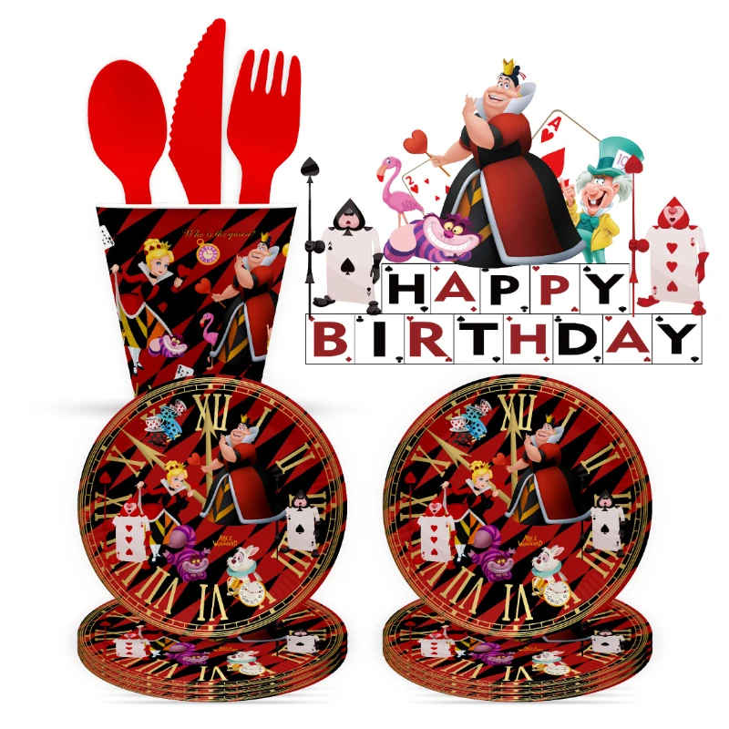 Alice In Wonderland Birthday Decorations Happy Birthday Banner Disposable Tableware Set Kids Party Decor Balloons Supplies