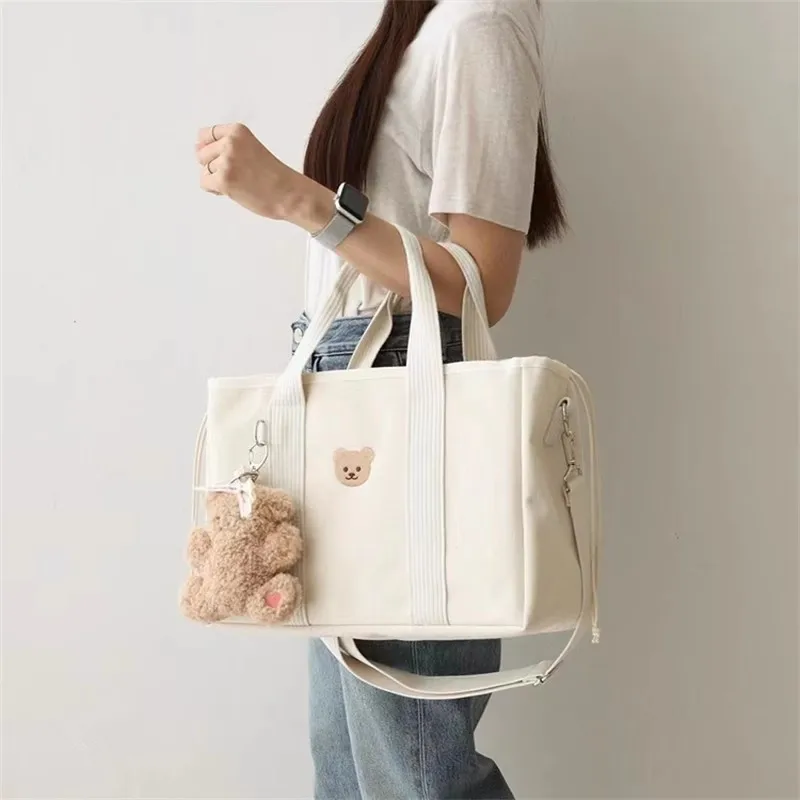 INS Korean Large Size Diaper Bag Women Drawstring Storage Mommy Lunch Bag Canvas Bear Cartoon Travel Shoulder Bag