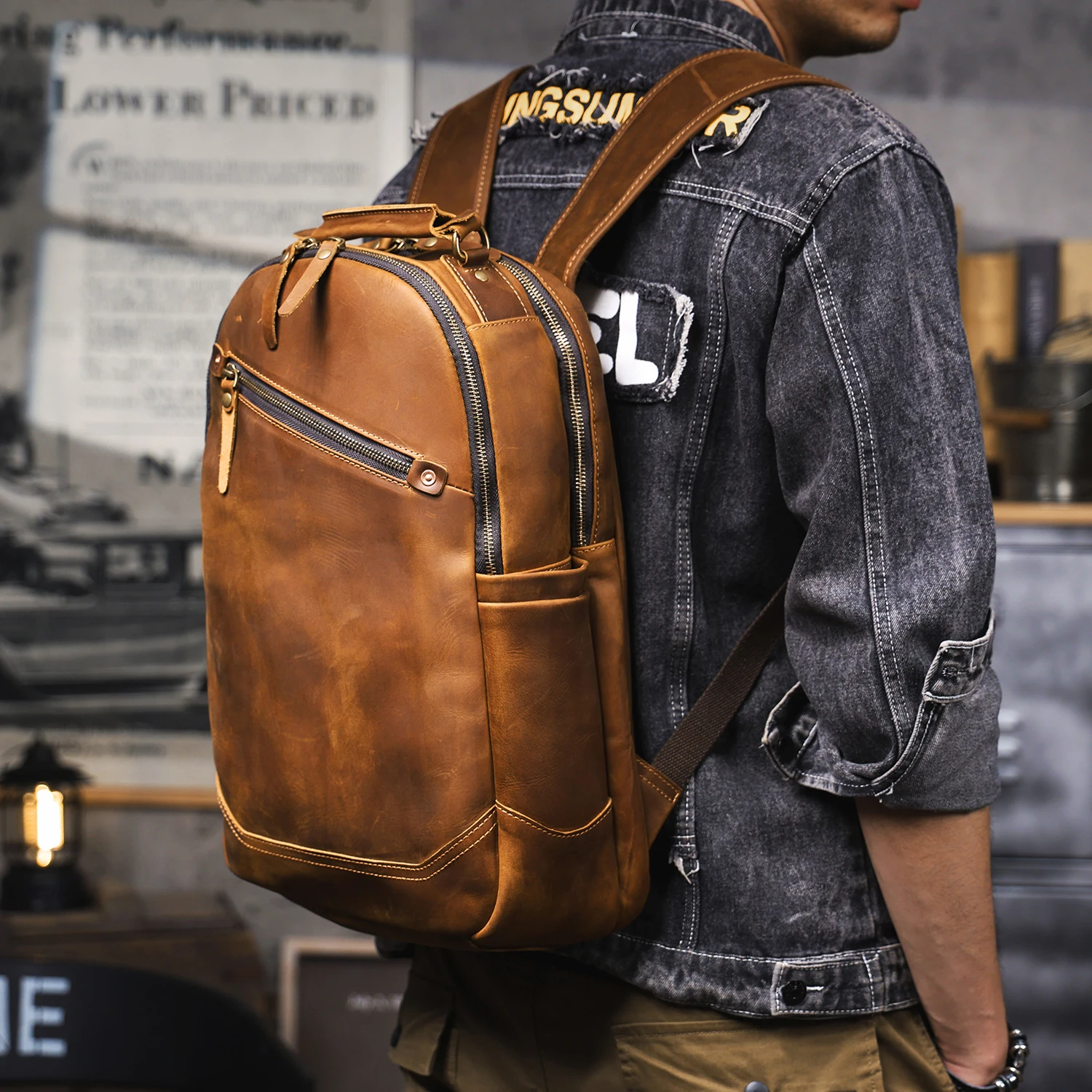 Vintage handgefertigter Rucksack aus hochwertigem Echtleder für Herren, Leder-Laptop-Umhängetasche, Crazy Horse Schultasche, modisch für Männer – Detail 6