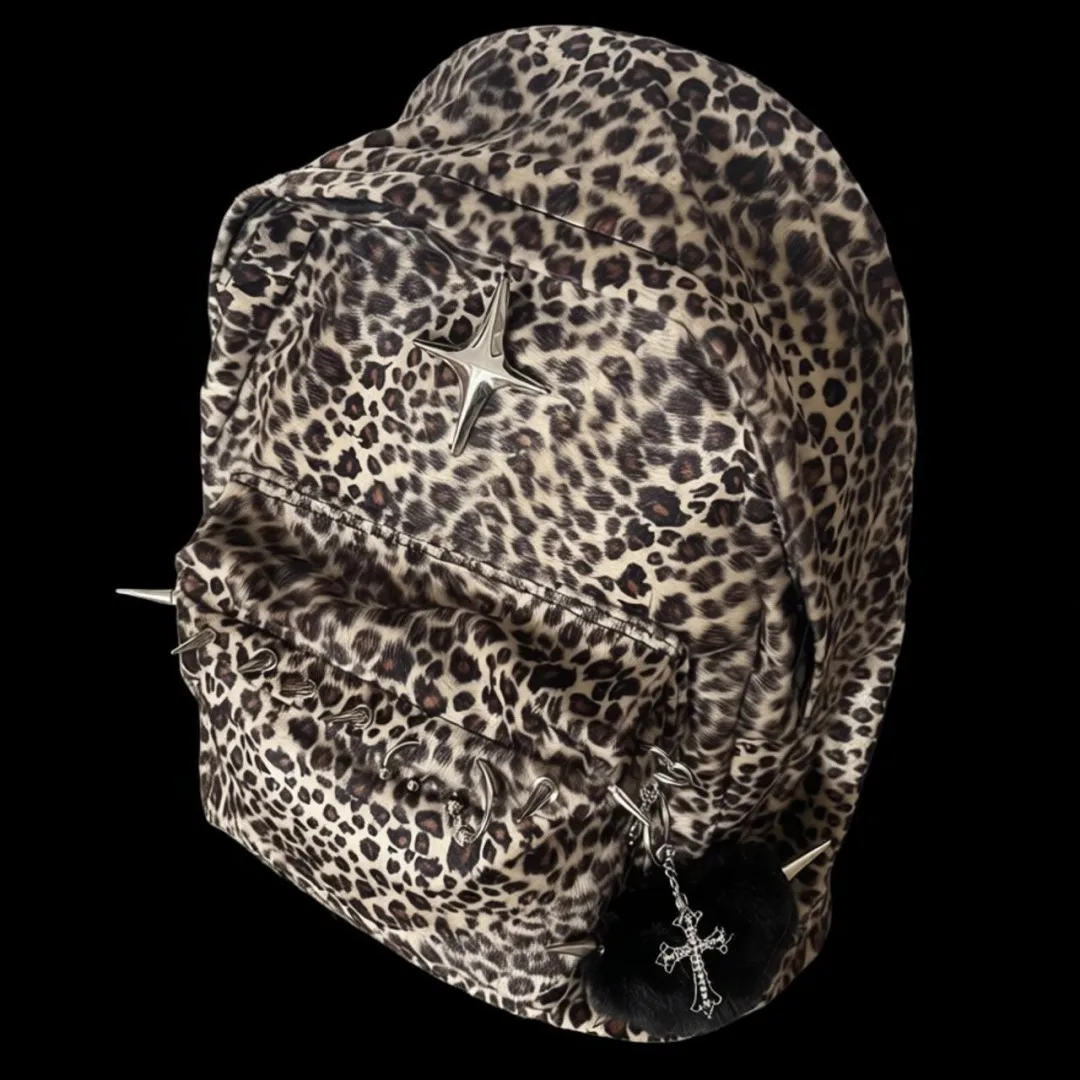Large-Capacity Leopard Print Backpack Punk Rivet Detail Autumn Winter Shoulder Bag Trendy Cute Cool Design for Men Women view 3