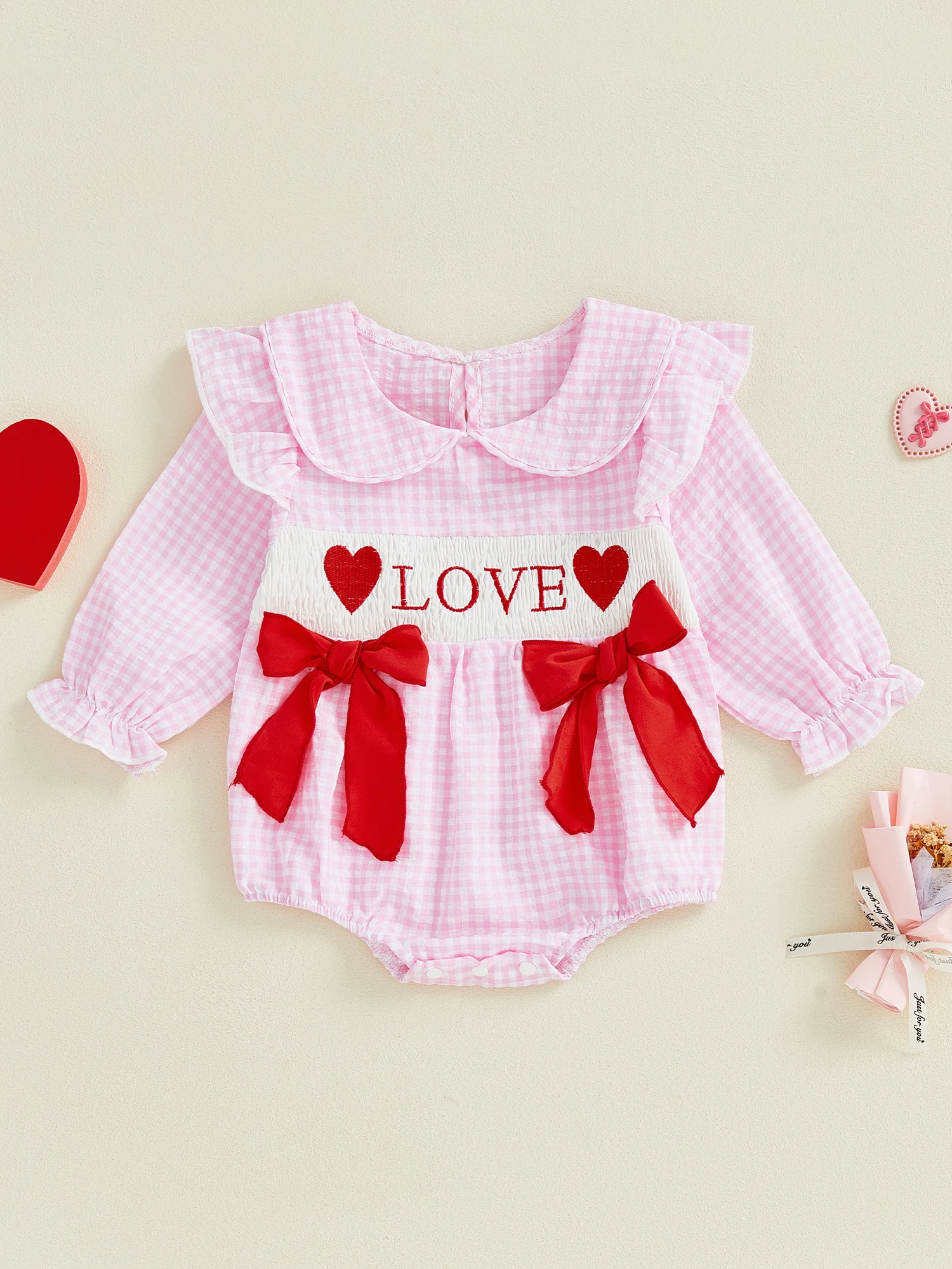 

Sweetheart Baby Girl Valentine s Day Romper with Embroidered Hearts and Ruffles Cozy Long Sleeve Jumpsuit for Newborns