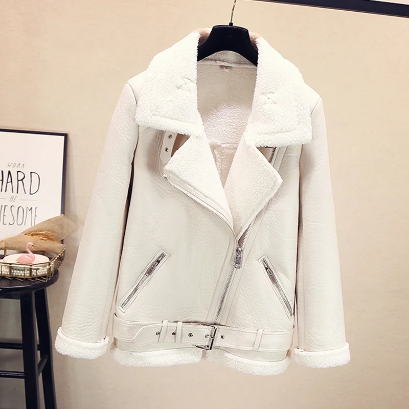 LY VAREY LIN Women Beige Fur Faux Lamb Leather Jacket Coat with Belt Turn Down Collar Winter Thick Warm Zipper Coat