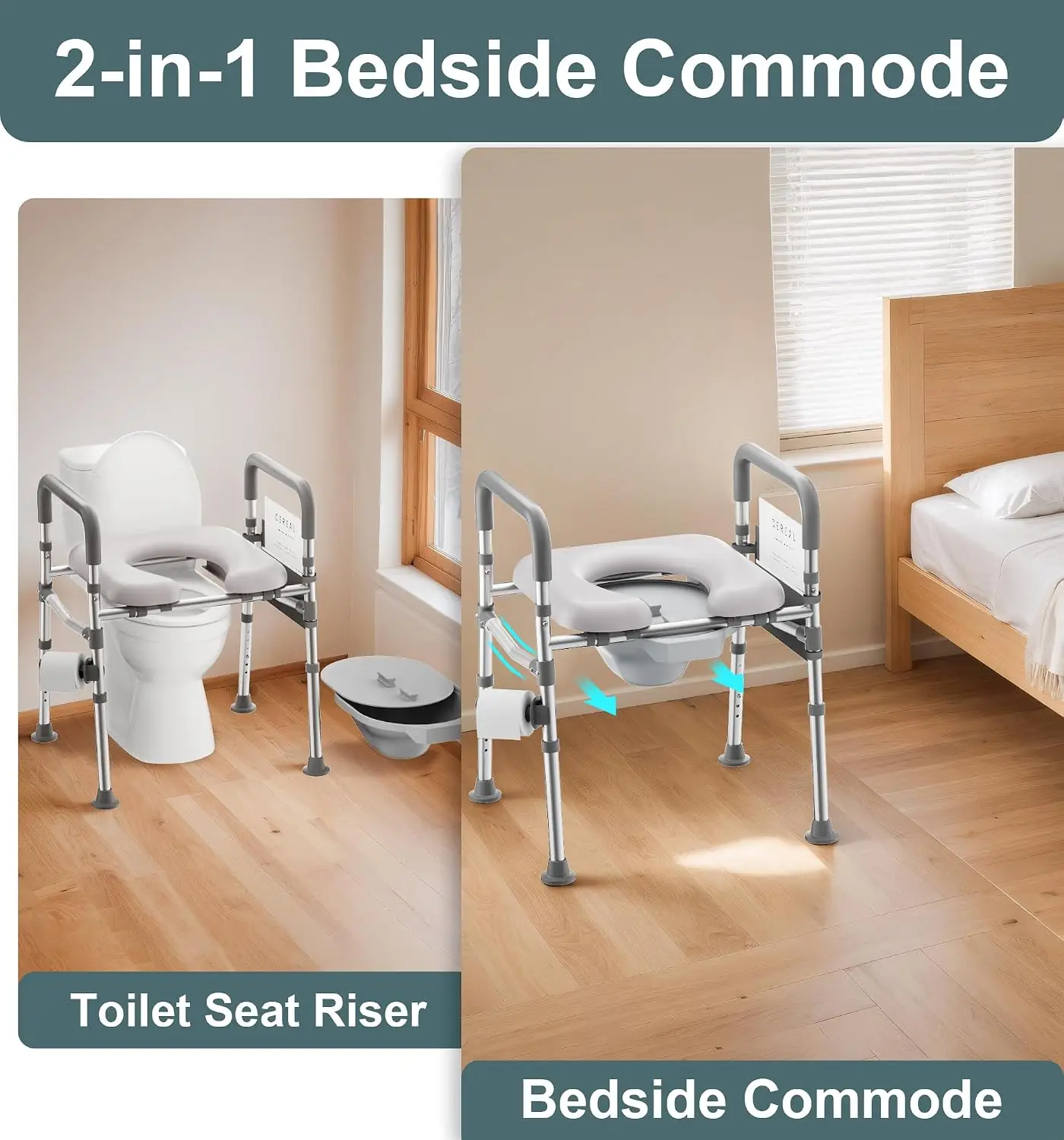 HOMLAND Toilet Seat Riser with Handles for Seniors, Removable Bedpan, 500lb | Aluminum Reinforced Crossbar, Padded Seat, Handica