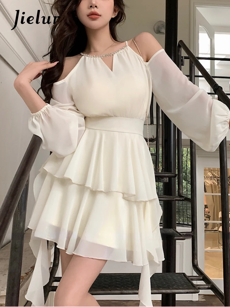 Jielur Summer Elegant Chiffon Mini Dress Women Long Sleeve Even Party Dresses Office Lady Chiffon One Piece Dress Korean Fashion