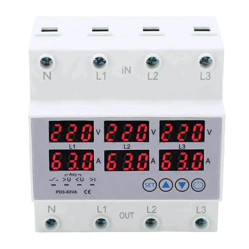 3 Phase 3P+N 63A Din rail Voltmeter Ammeter adjustable Over and Under Voltage current limit protection Monitor Relays Protector