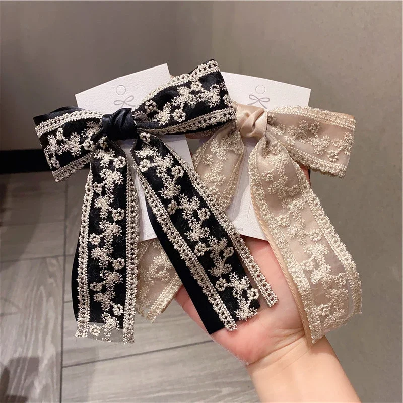 Retro Lace Large Bow Hair Clip Fabric Embroidery Hair Pins for Women Hairgrip Barrette Headdress Korean Girls Hair Accessories