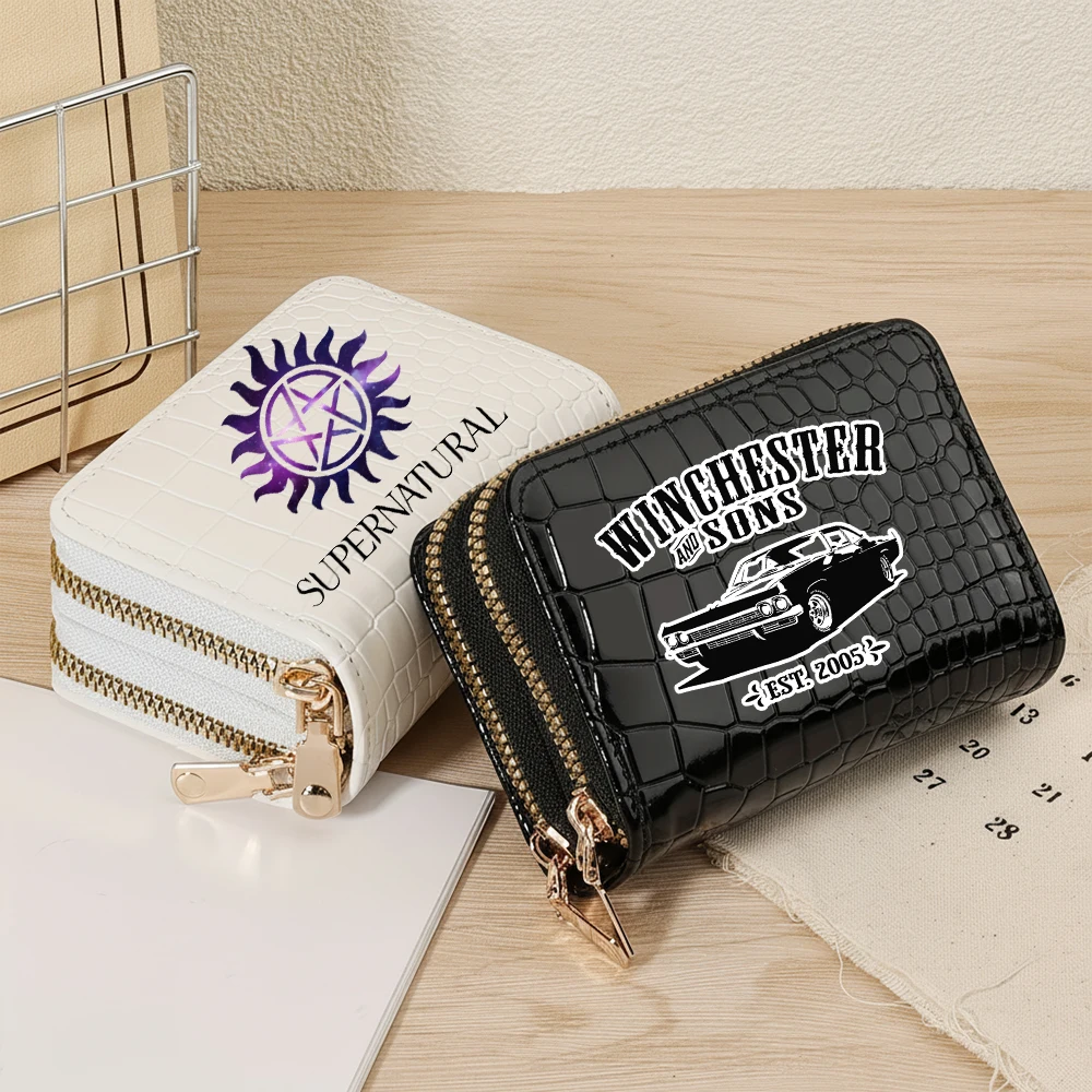 Supernatural PU Leather Women's Double Zipper Wallet Fashion Short Credit Card Holder with Large Capacity Coin Purse