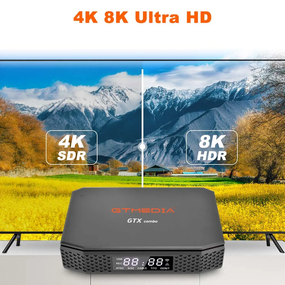 GTMEDIA GTX 콤보 UHD 스마트 TV 박스, 안드로이드 9.0 + DVB-S, S2, S2X + T, T2 + C, C2,2GB + 32GB, 4K, 8K, UHD CA 카드 슬롯 및 CI + 1.4,SATA-HDD,BT4.1 디코더