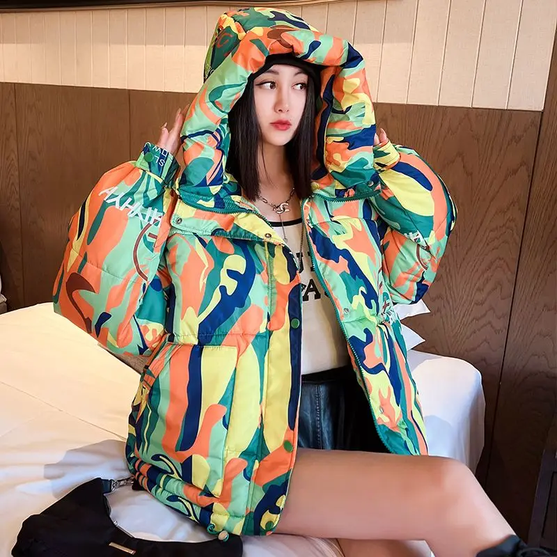 

2025 Winter New Print Cotton Jacket Women Streetwear Female Warm Parkas Hooded Down cotton Coat Korea Loose Short Bread Outwear