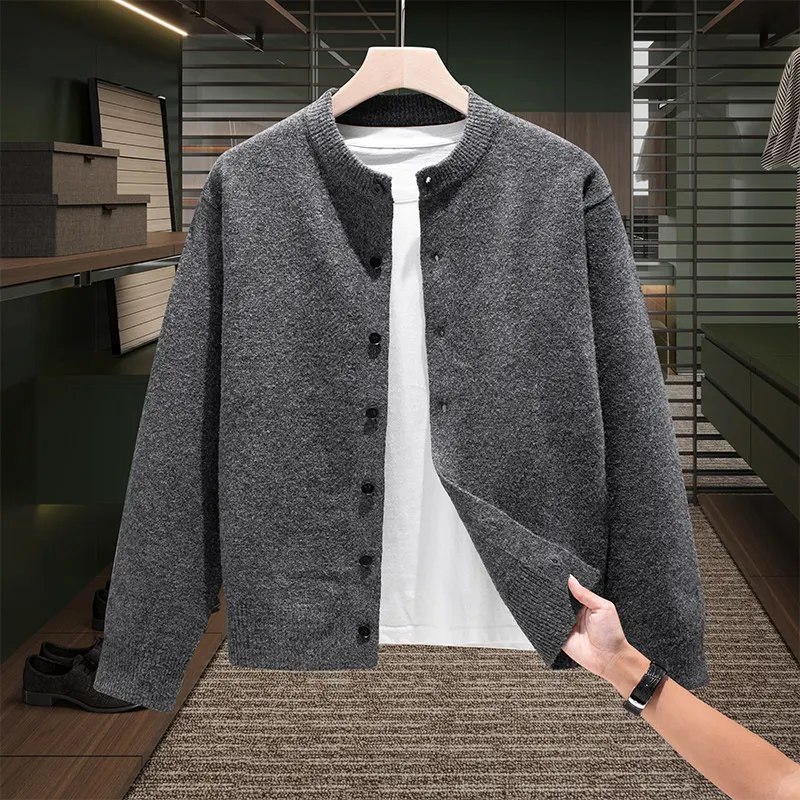 

Мужской модный повседневный вязаный кардиган с круглым вырезом, теплый, осенне-зимний, с длинным рукавом, из пряжи, универсальный топ