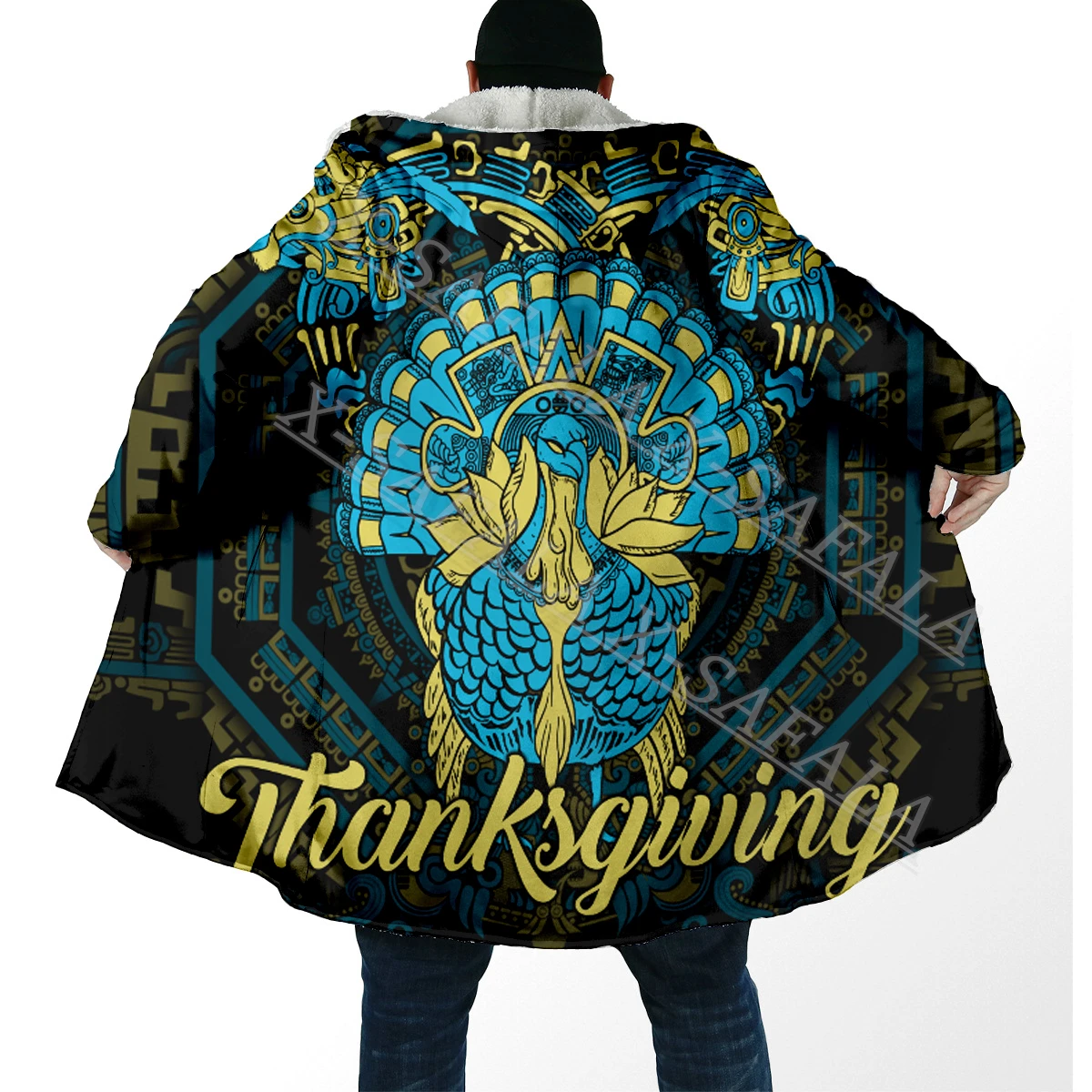 

Mexico Aztec Turkey Sun Stone Skull Thick Warm Hooded 3D Print Cloak Men Overcoat Coat Windproof Fleece Cape Robe Blanket-5