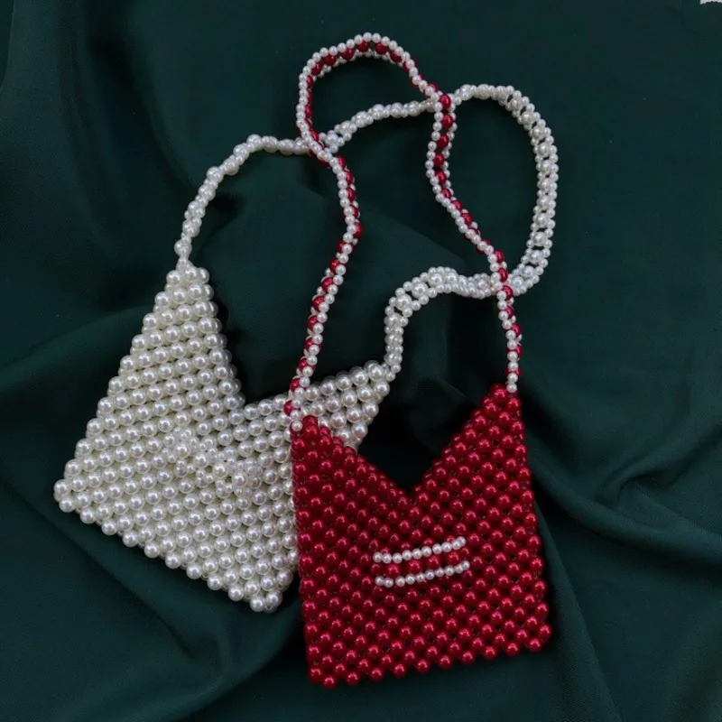 

New Women's Bag Summer Handmade Woven Shoulder Bead Bags Niche Design Pearl Versatile Handbag Customizable Color Wholesale