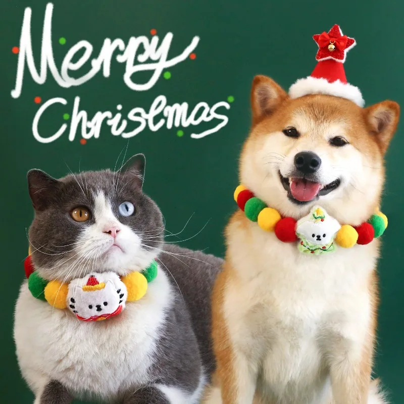 

2025 Hot Selleing Pet Christmas Tree Ball Ball Collar Cat Dog Cartoon Plush Toy Embroidery Colorful Ball Scarf Cute