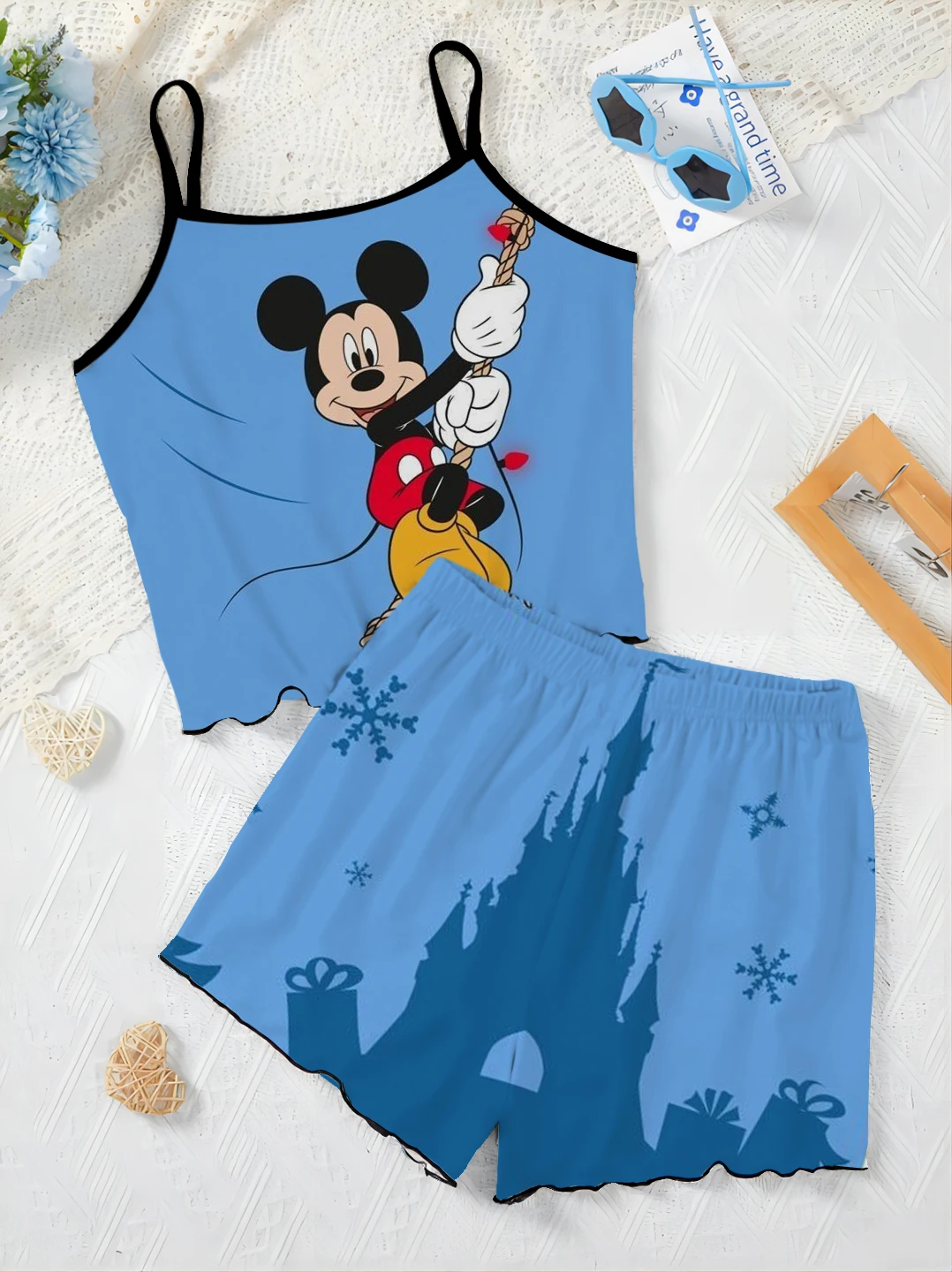 Disney Pajama Skirt Mickey T-shirt Women's Suit Home Dress Top Lettuce Trim Minnie Mouse Short Sets Pieces Elegant Disney Mickey