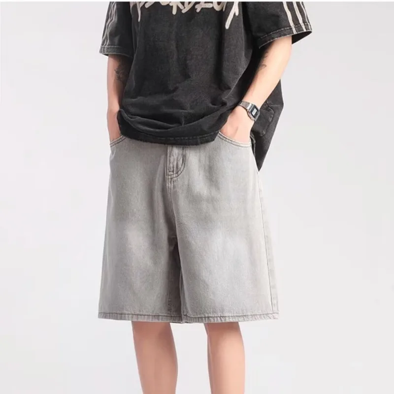 Men Light Gray Loose Denim Shorts High Waist Casual Straight Wide Leg Jean Shorts For Streetwear