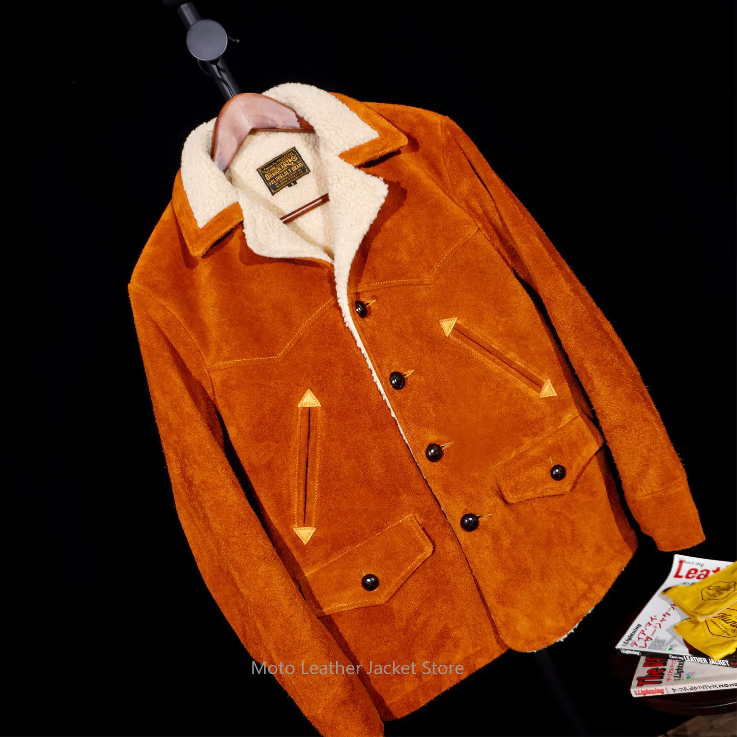 American Western Cowboy Farmer Style Suede Cowhide Leather Jacket Men Vintage Amekaji Genuine Leather Coat - view 4