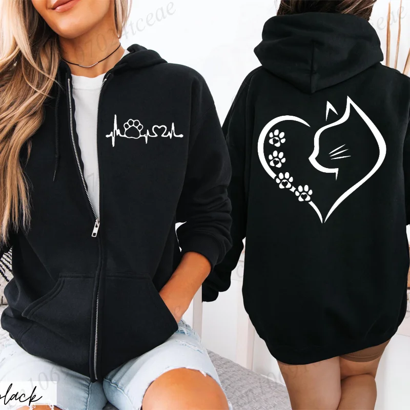 Outono inverno com capuz hoodies feminino casual streetwear zip up sweatshirts gato coração impresso manga longa jaquetas harajuku y2k camisa