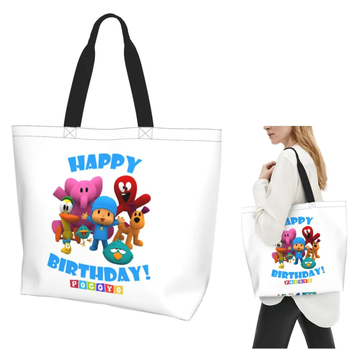 Happy Birthday Boy Girl Pocoyo Shopping Tote Bag Canvas Large Capacity Shoulder Bags Shopper Grocery Handbag for Women