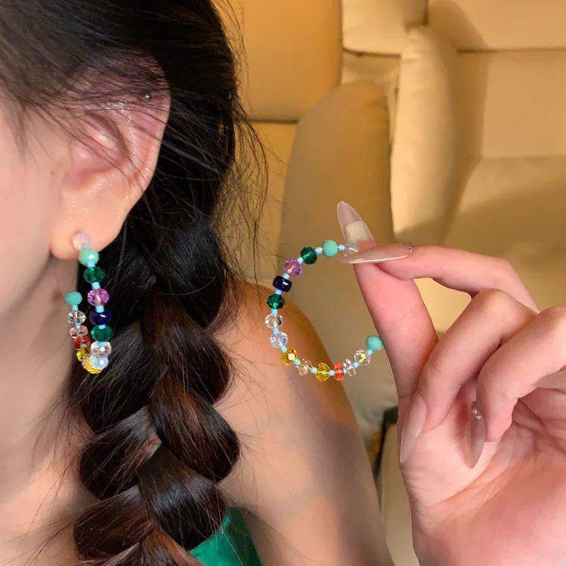 Summer Fresh Macaron Pastel Crystal Bead C Earrings For Women Fashion Dopamine Ears Accessories Jewelry Casual Party Wear Gifts