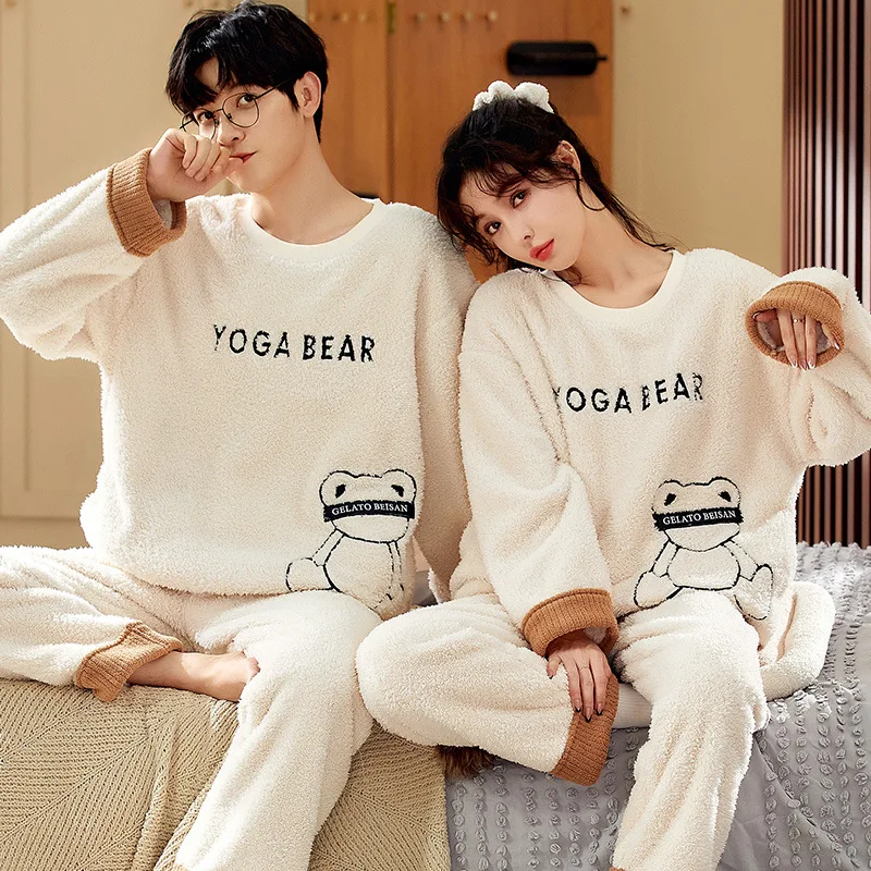 Ensemble de pyjama ours de dessin animé en peluche pour couple, vêtements de nuit doux et épais, vêtements d'intérieur coréens, trempés, femmes et hommes, hiver