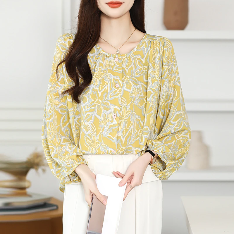 Women Spring Korean Loose Vintage Floral O-neck Long Sleeve Shirts Women Clothes Casual All-match Fashionable Appear Thin Tops