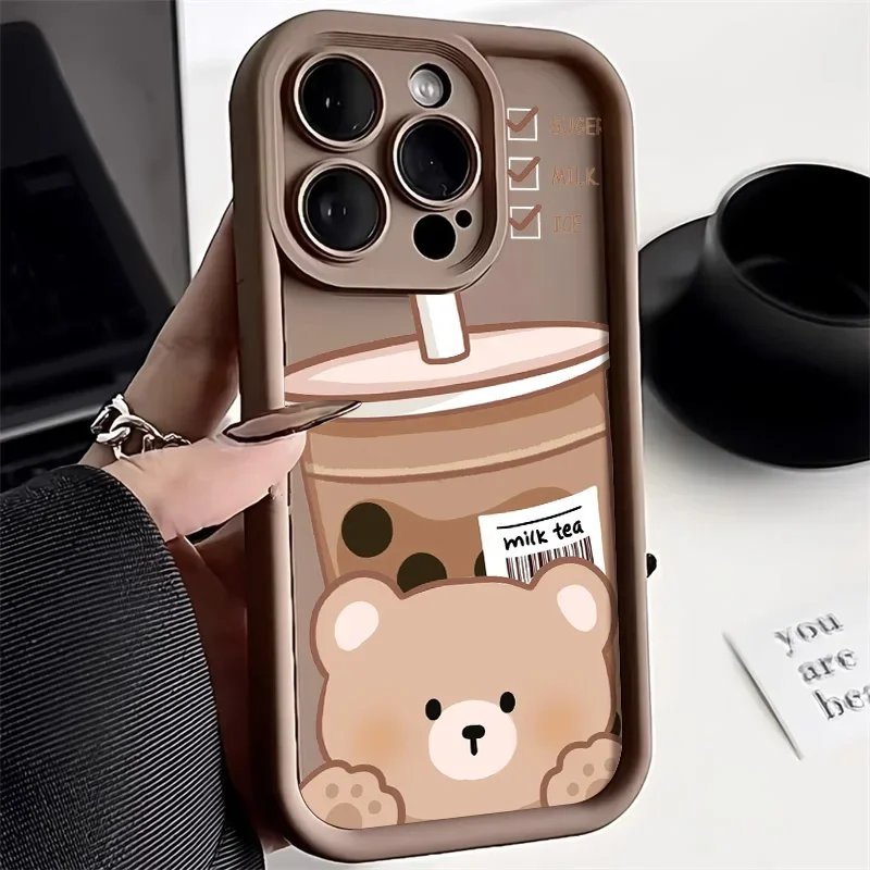 Bonita funda de teléfono para iPhone 15, 14, 13, 12, 11 Pro Max, XR, XS, X, 7, 8, 15 Plus, SE SE3, funda de oso de dibujos animados a prueba de