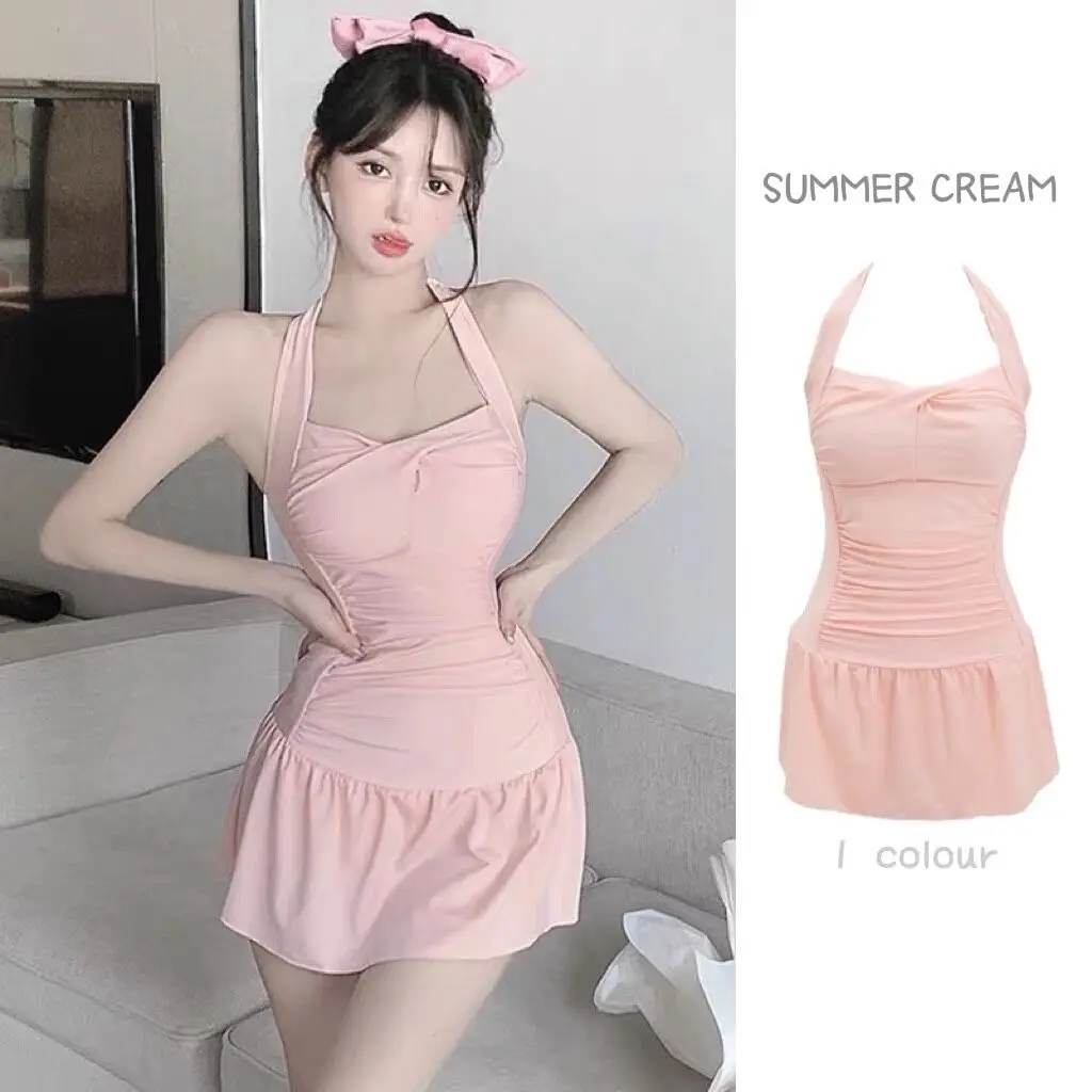 2023 Korea Style One Piece Women Swimsuit Pink Sling Tie Female Solid Cute Small Fresh Hot Spring Swimwear Holiday Beachwear