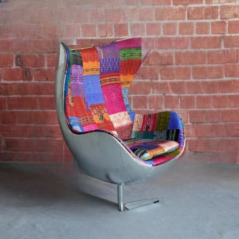 

Aluminum Leather Rivet Egg Chair Indian Handmade Jacquard Cloth Leisure Sofa Chair Industrial Style Designer Swivel Chair