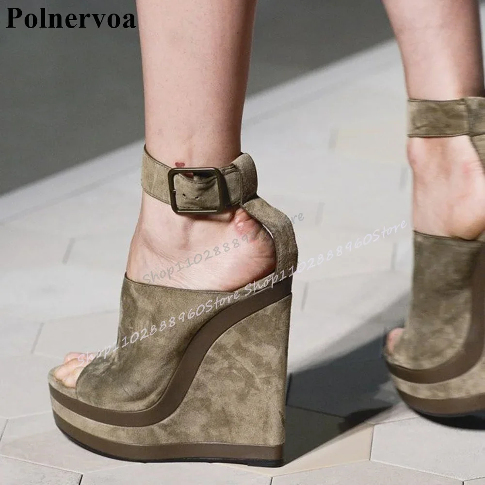 

Western High Quality Khaki Flock Platform Sandals Wedges Heel Women Shoes Ankle Buckle Strap Open Toe 2025 Zapatos Para Mujere