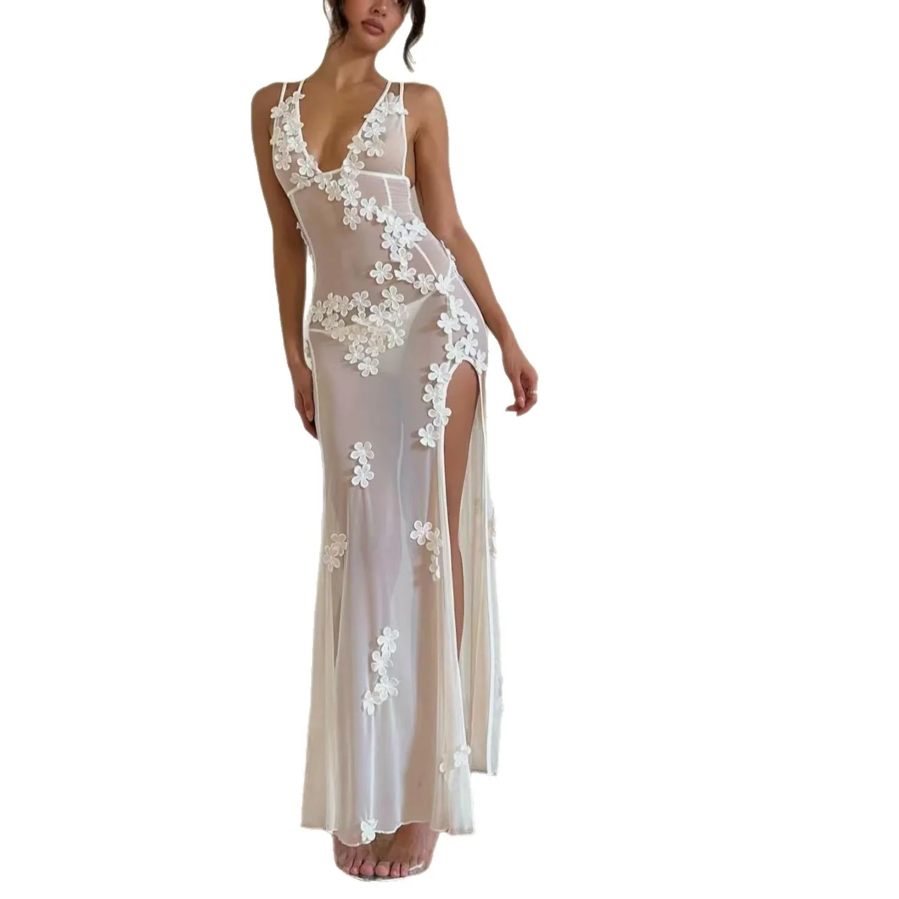

New Women's V-neck Lace Patchwork Sleeveless Waist-cinching Hollow Lace Dress Lingerie Sexy Hot Erotic DOCD