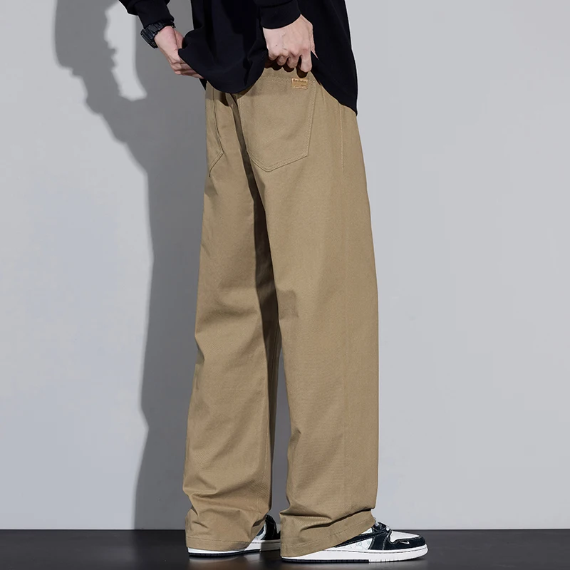 100% Cotton Men's Baggy Wide-leg Pants Soft Breathable Loose Straight Casual Trousers Spring Autumn Fashion Korean Streetwear