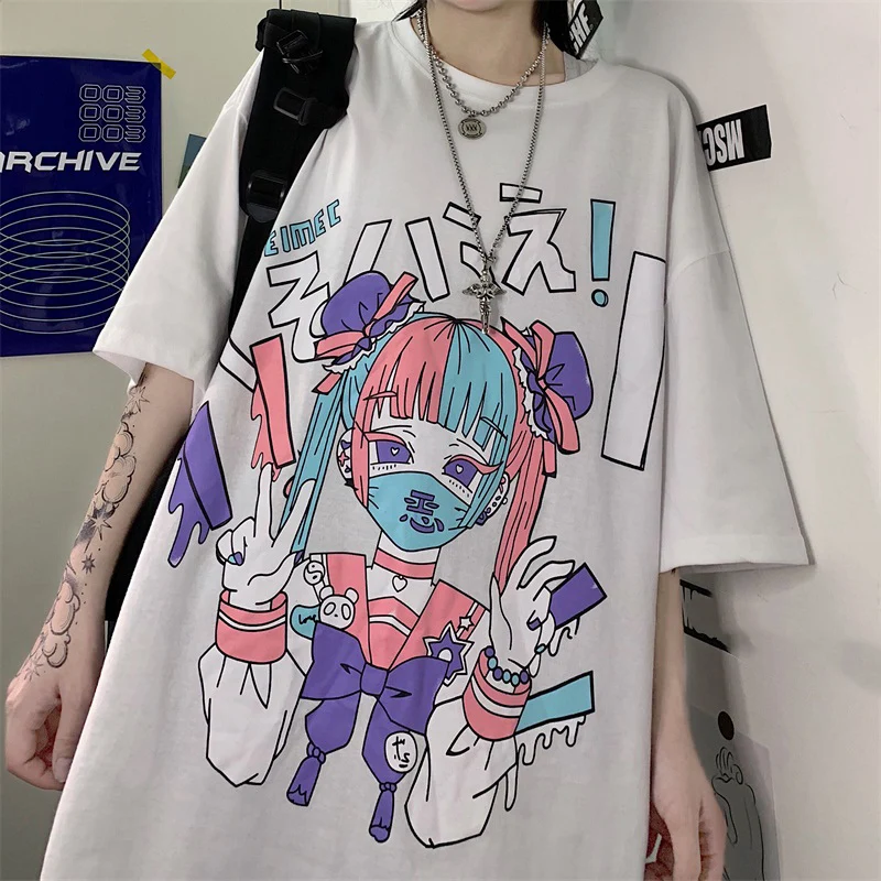 

Kawaii Anime T Shirt Women Summer Short Sleeve Tee Shirt Oversized T Shirts Grunge Aesthetic Hipsters Cute Girl Tops