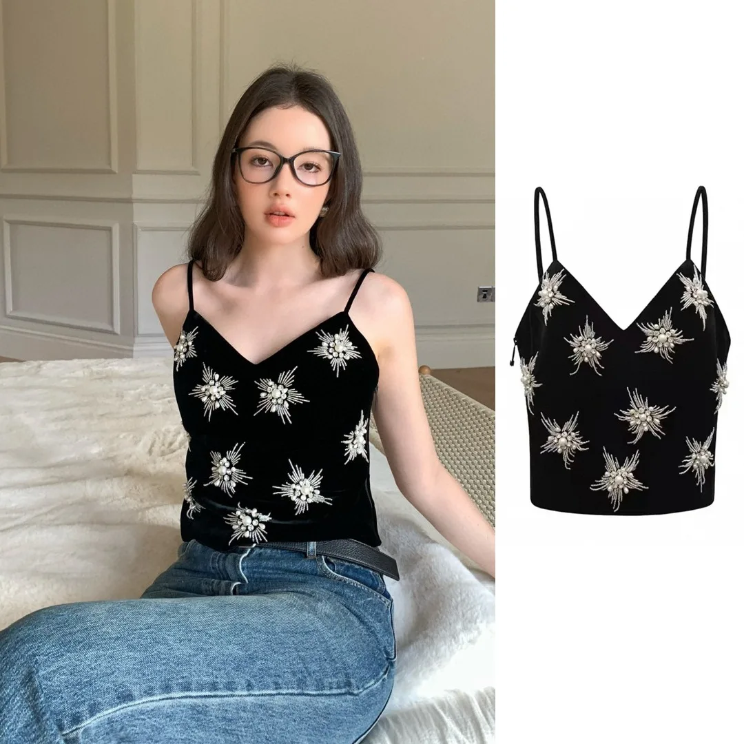 

Женский модный костюм для взрослых по индивидуальному заказу, высококачественный нишевый дизайн, бархатный жилет с v-образным вырезом и бусинами для ногтей, сверхпрочный жилет с цветочными бусинами