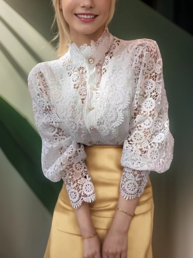 패션 홀로우 아웃 레이스 패치워크 여성 셔츠 오피스 레이디 우아한 꽃잎 소매 블라우스 봄 긴 소매 스탠드 칼라 탑스