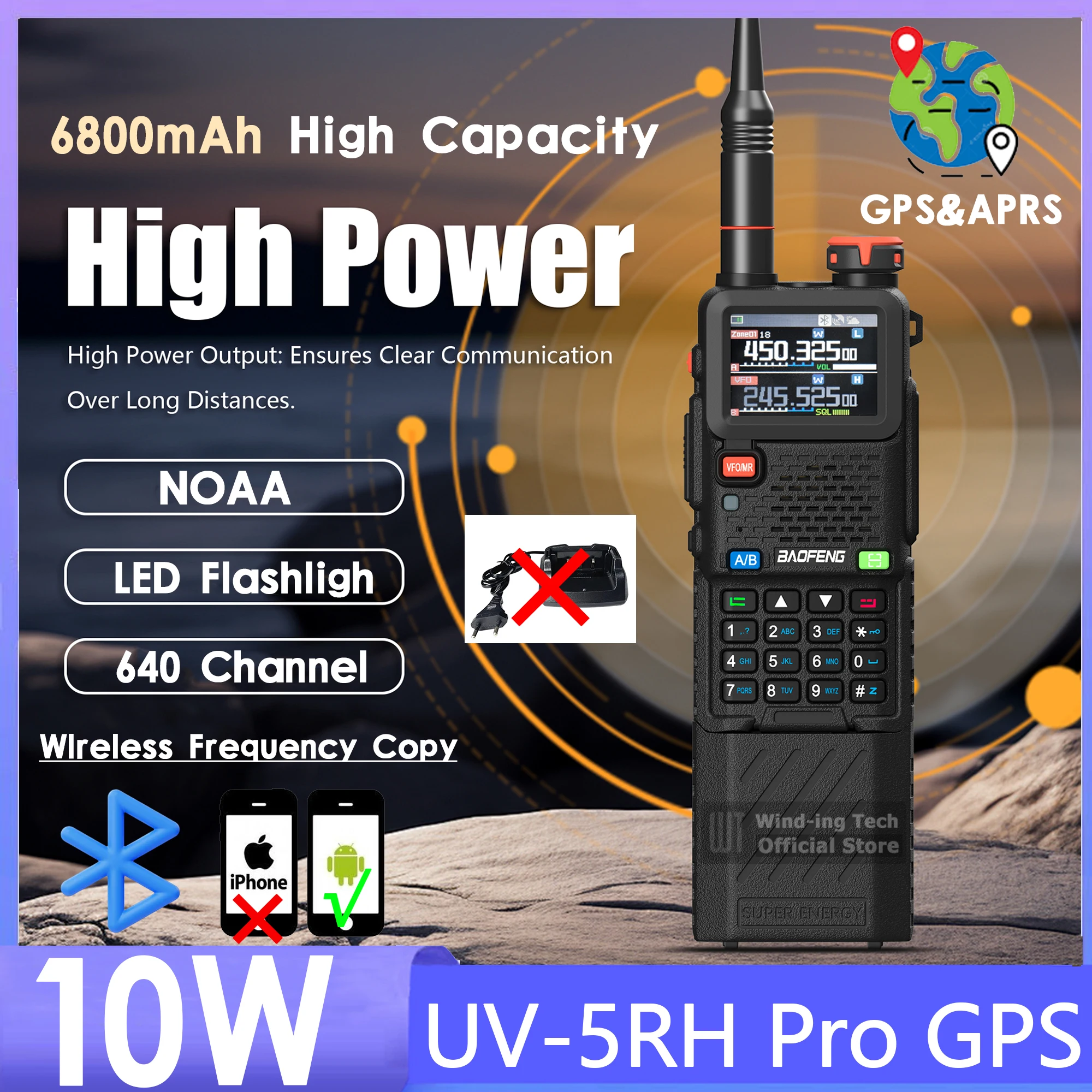 

Baofeng UV-5RH Pro GPS 6800mAh Long Range Walkie Talkies Bluetooth Programming High Capacity 10W Type-C Charging Camping Radio