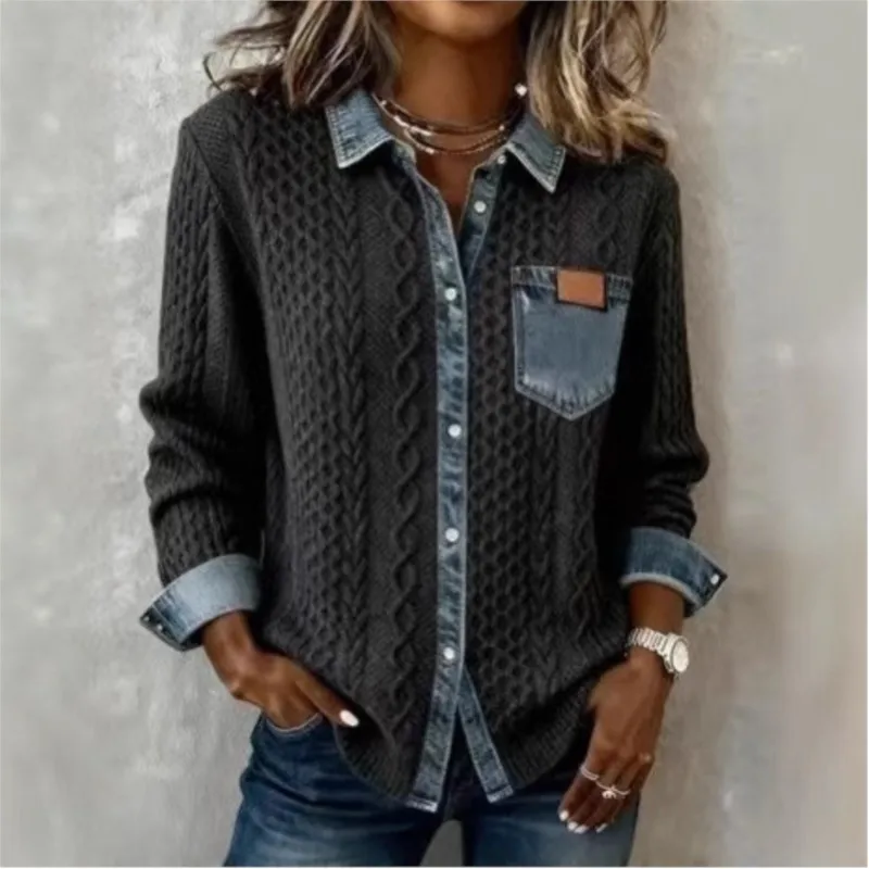 

Vintage Fashion Women knit Top Patchwork Denim Shirt Blouse Single Breasted Turn Down Collar Pockets Casual Loose Tops Jacket