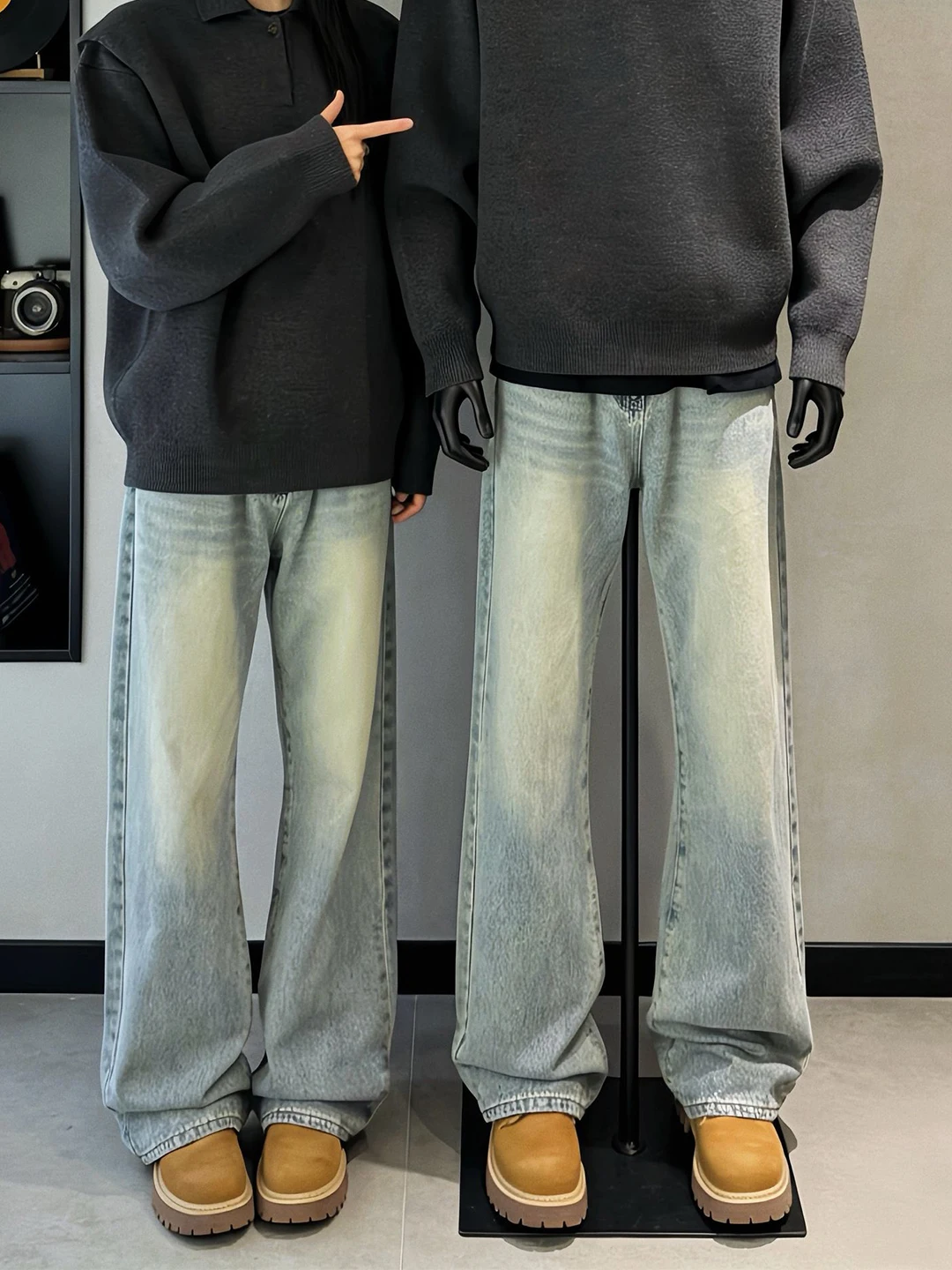 

Light Blue Bell Bot Jeans Men's Sle Winter Season Cleanfit Drapey Wide Leg Straight Cut Fce Lined American Sle