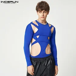 Sexy Leisure Style Loungewear Men's Hollow Onesies Stylish Male Jumpsuit Solid Long Sleeve Triangle Bodysuits S-5XL INCERUN 2023