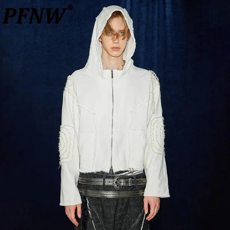 

PFNW American Stylish Men's Hoodies Embroidery Raw Edge Male Sweatshirts Vintage Male Cardigan Niche Deisgn 2024 Spring 28W2564